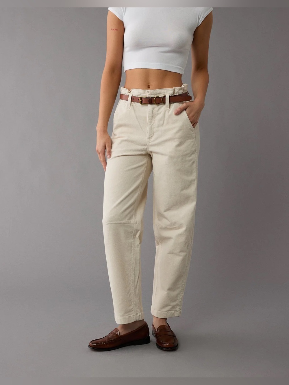 American Eagle Pants Womens 6 Super High Rise Ivory Barrel Leg Corduroy